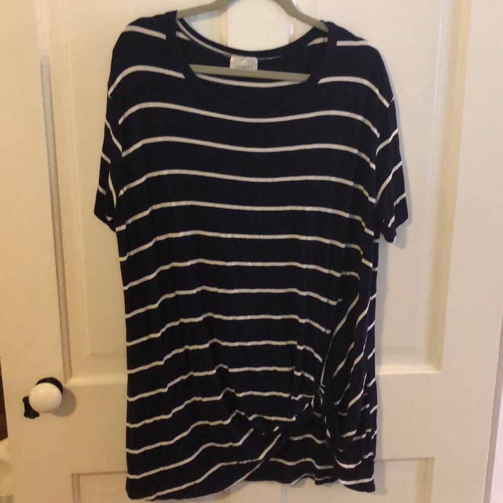 Navy/white stripe tie front blouse.